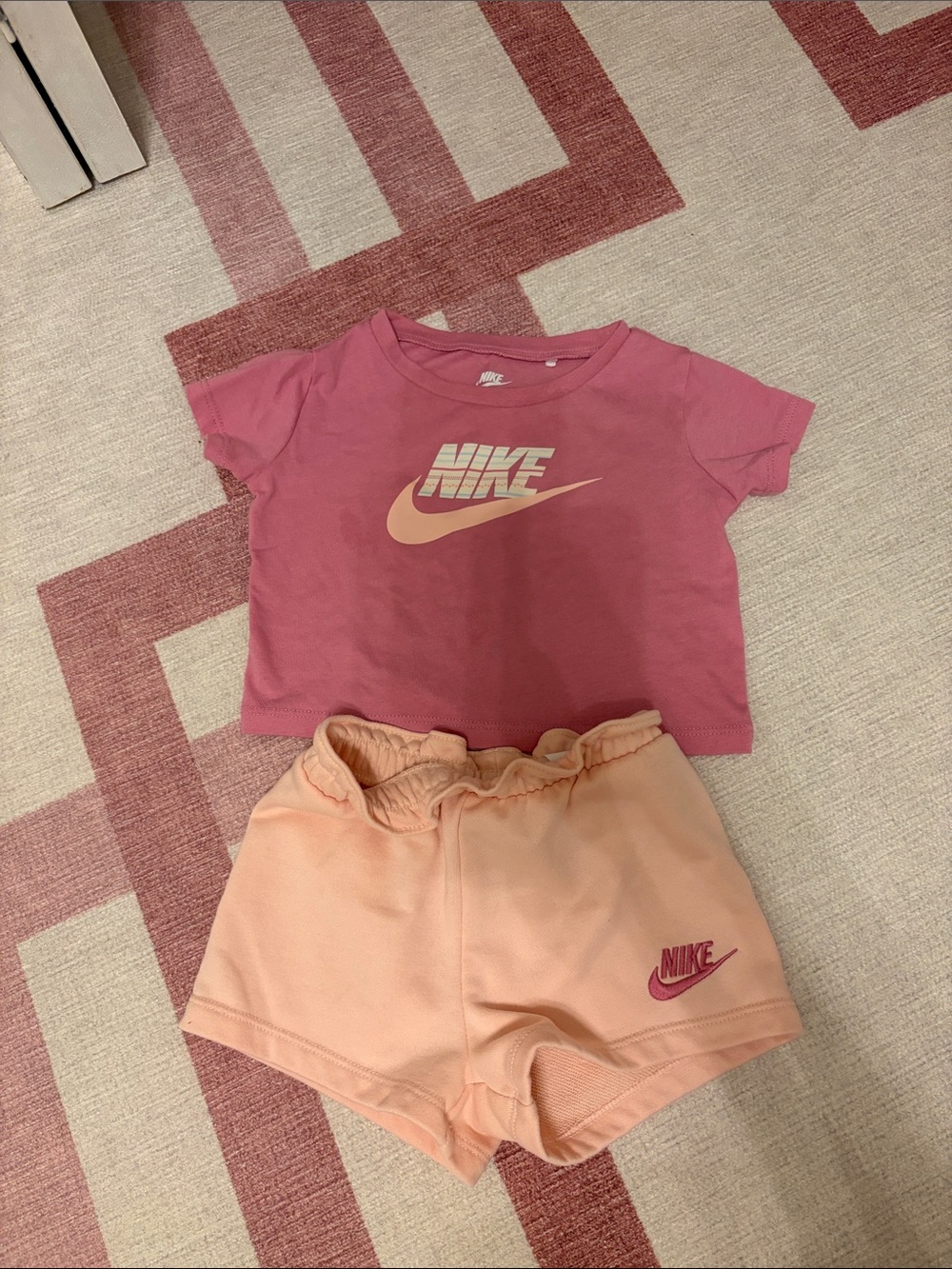 Nike Pink Crop Tee with Peach Logo & Peach Elastic Waist Shorts - Picture 1 of 5